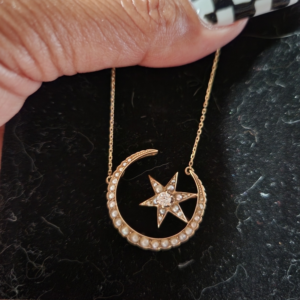 Pearl and Crescent Diamond Moon & Star necklace ~ Antique
